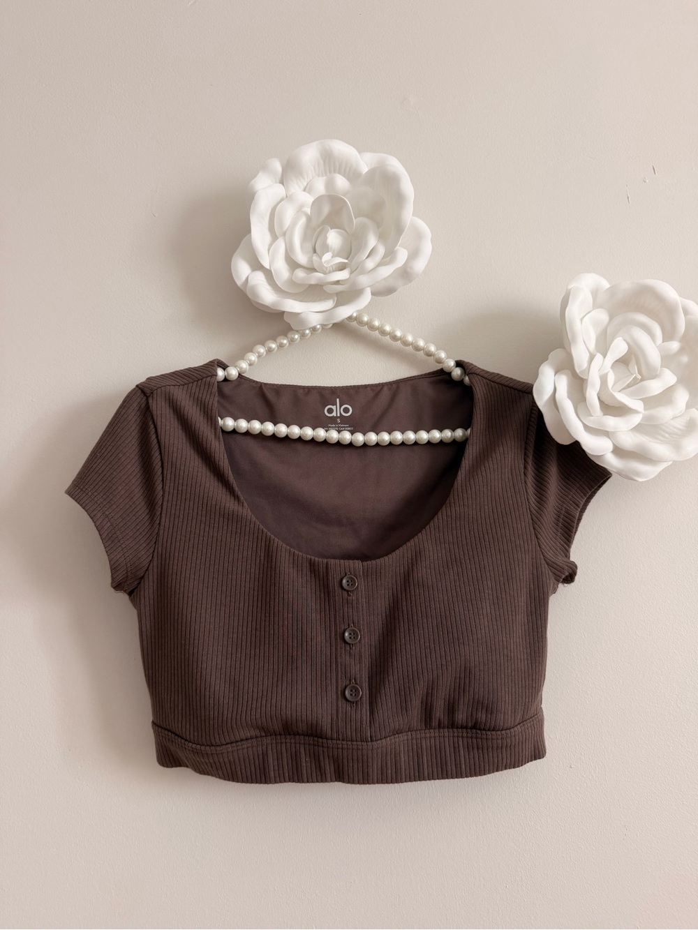 ALO Yoga Brown Ribbed Scoop Neck Button-Front Crop Top